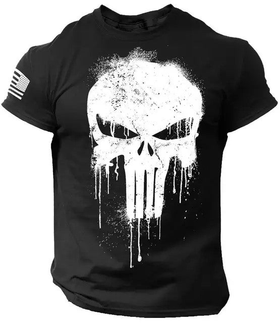 Camiseta Masculina Patriótica Militar com Estampa de Esqueleto – Estilo e Atitude para o Verão