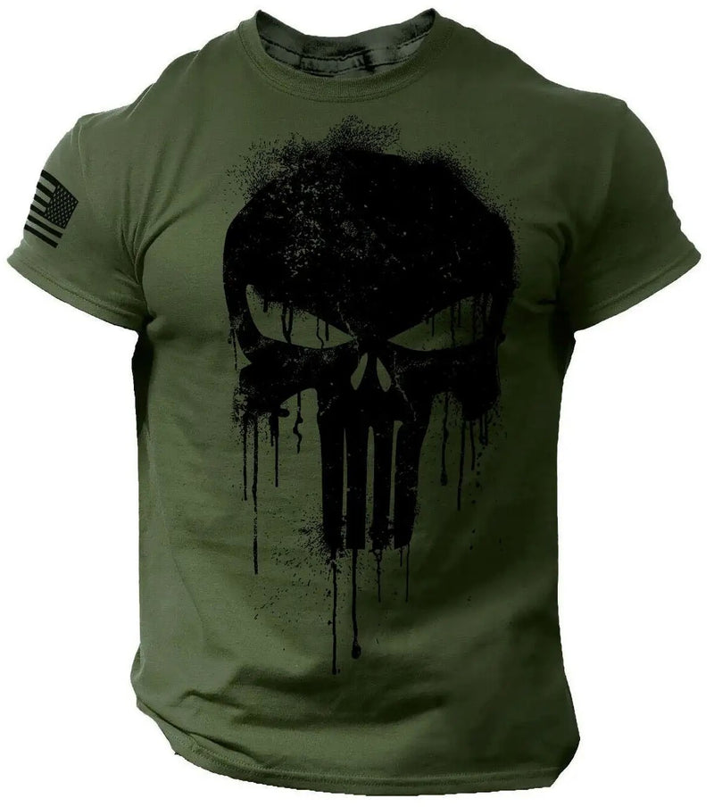 Camiseta Masculina Patriótica Militar com Estampa de Esqueleto – Estilo e Atitude para o Verão