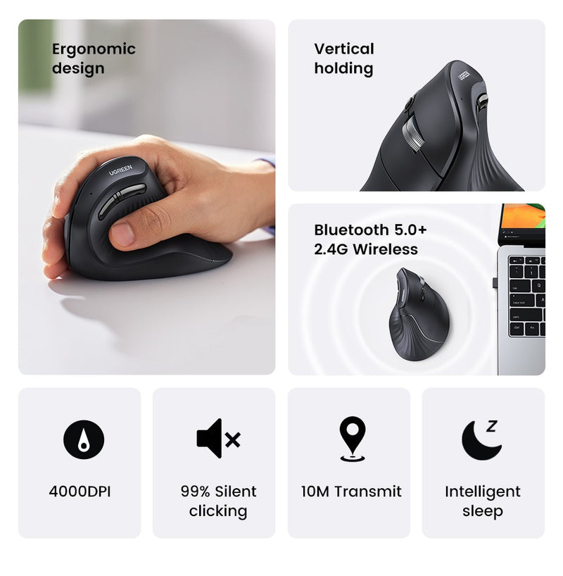 Mouse Vertical Sem Fio UGREEN – Conforto Ergonômico e Alta Precisão