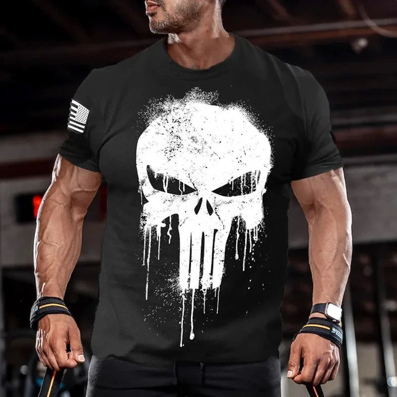 Camiseta Masculina Patriótica Militar com Estampa de Esqueleto – Estilo e Atitude para o Verão