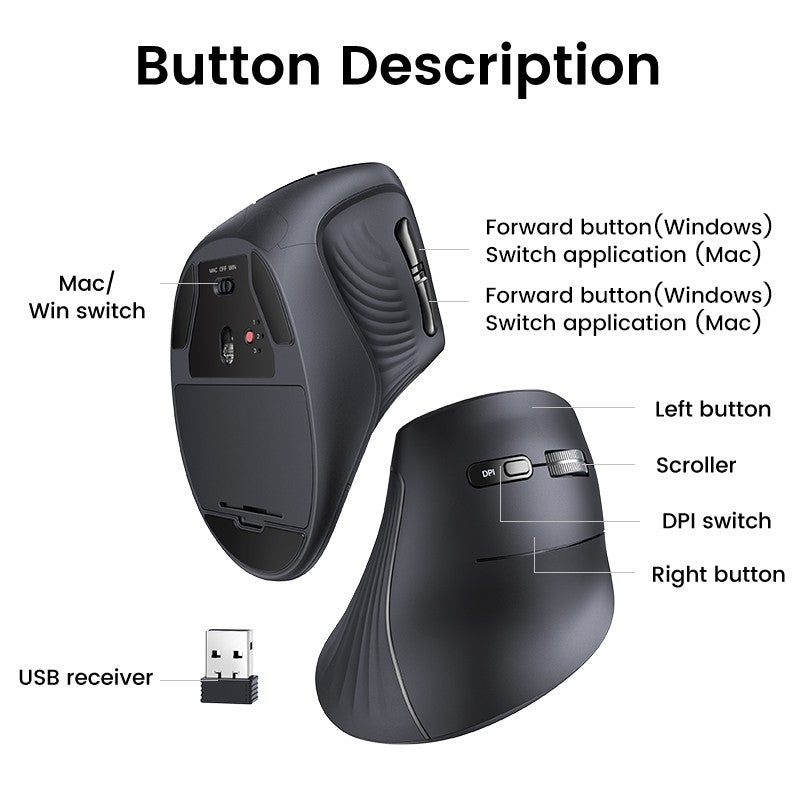 Mouse Vertical Sem Fio UGREEN – Conforto Ergonômico e Alta Precisão