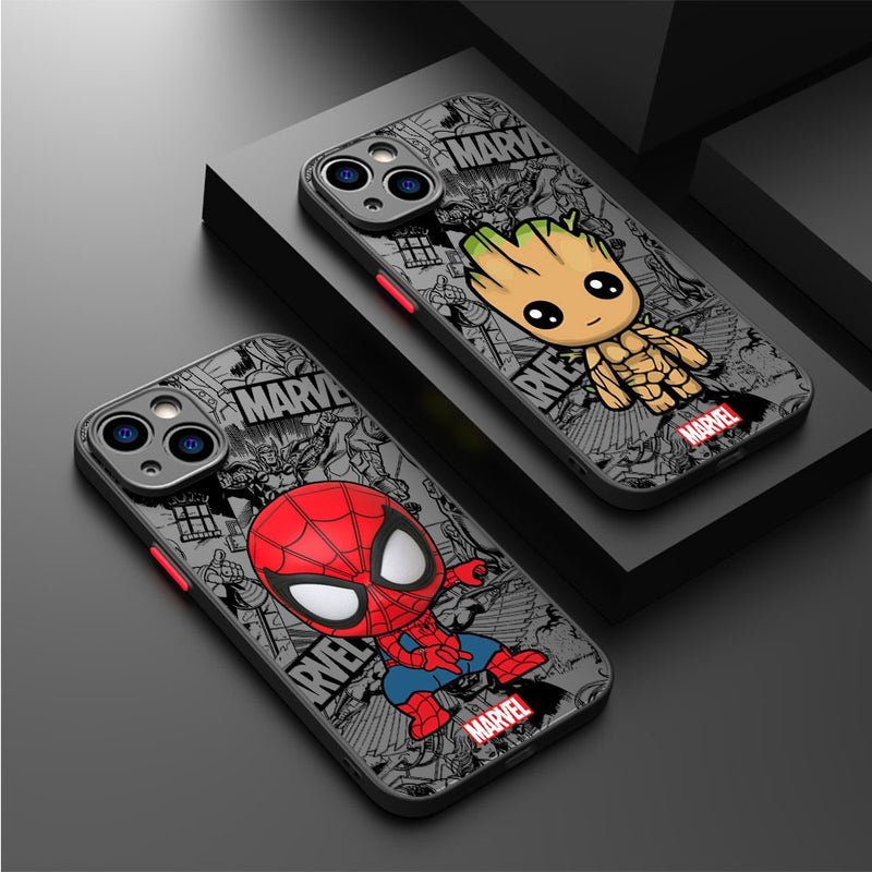 Capa dos Desenhos Animados Marvel Groot e Spiderman para iPhone – Proteção e Estilo com Seus Heróis Favoritos