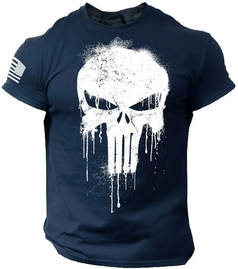 Camiseta Masculina Patriótica Militar com Estampa de Esqueleto – Estilo e Atitude para o Verão