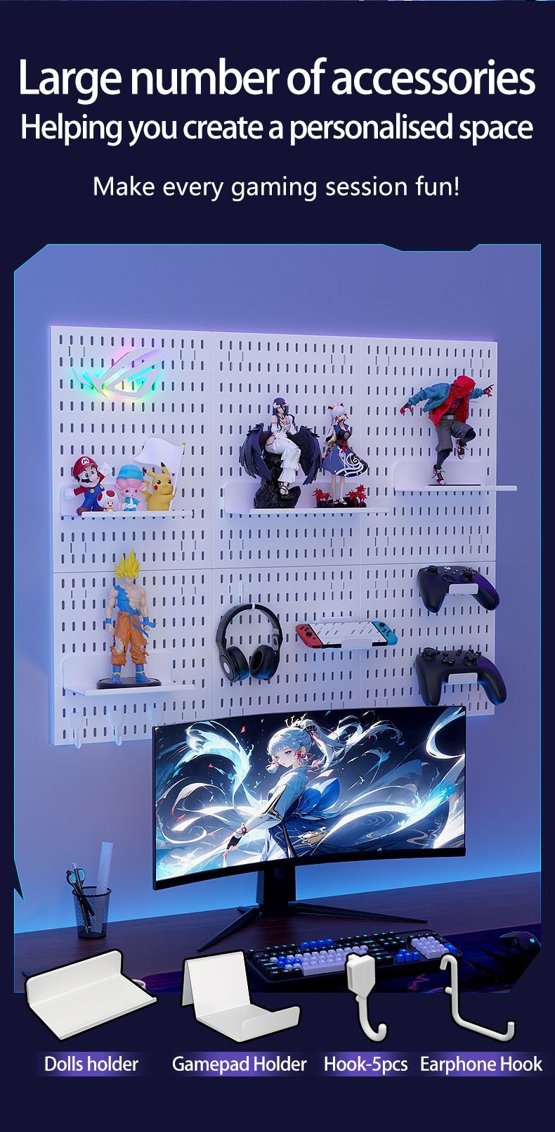 Parede de Equipamento de Jogos Pegboard – Organização Inteligente para Seu Setup Gamer
