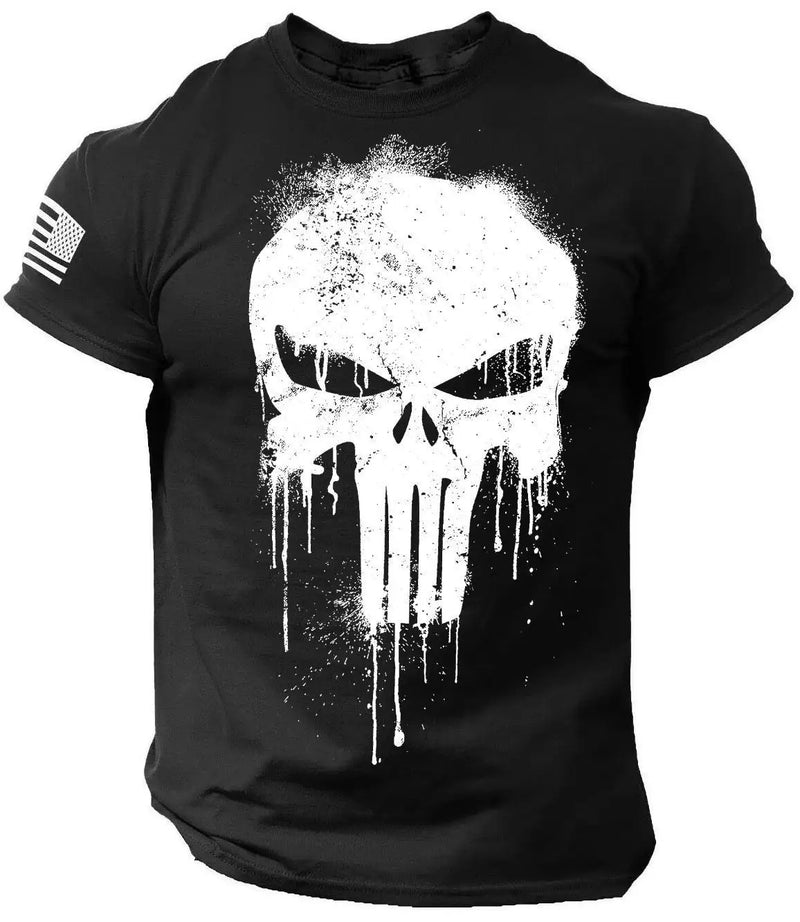 Camiseta Masculina Patriótica Militar com Estampa de Esqueleto – Estilo e Atitude para o Verão